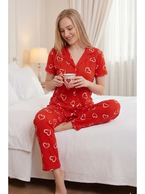 Farya Home Soft Bambu Likralı Düğmeli Kısa Kollu Gömlek Pijama Takımı