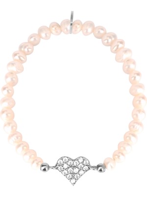Emiliano Jewellery Zirkon Taşlı Gümüş Rengi Kaplama Incili Kalp Desenli Gümüş Strech Bileklik