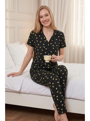 Farya Home Soft Bambu Likralı Düğmeli Kısa Kollu Gömlek Pijama Takımı
