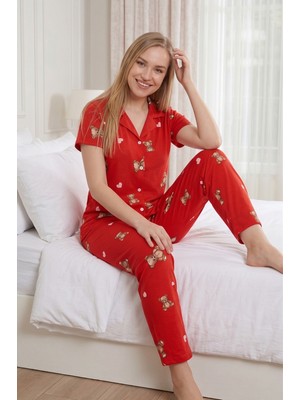Farya Home Soft Bambu Likralı Düğmeli Kısa Kollu Gömlek Pijama Takımı