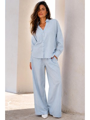Madmext Mavi V Yaka Çizgili Gömlek Pantolon Takım MG2852