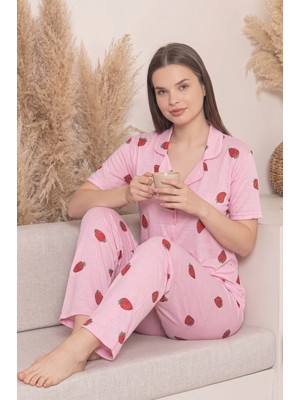 Farya Home Soft Bambu Likralı Düğmeli Kısa Kollu Gömlek Pijama Takımı