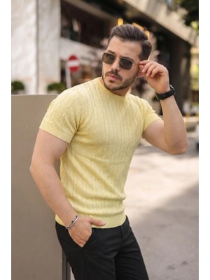 Defy Moda Erkek Örgü Desen Bisiklet Yaka Triko Tişört - %100 Pamuk Akrilik