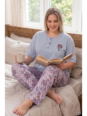 Farya Home Büyük Beden Pamuklu Düğmeli Yaka Kısa Kollu Penye Pijama Takımı