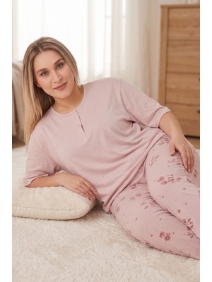 Farya Home Büyük Beden Pamuklu Düğmeli Yaka Kısa Kollu Penye Pijama Takımı