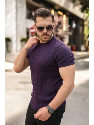 Defy Moda Erkek Örgü Desen Bisiklet Yaka Triko Tişört - %100 Pamuk Akrilik