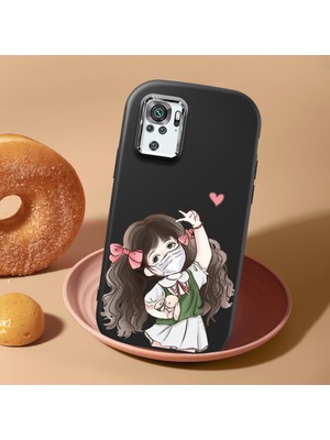 HONTINGA Xiaomi Redmi Note 10 4g ile Uyumlu Kılıf Kamera Korumalı Düşüme Önleyici Kamera Koruyucu Siyah Yumuşak Silikon Couple Telefon Kılıfı Kız Desenli K4-0437