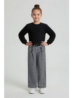 Cansın Mini Siyah Kazayağı Desenli Pantolonlu Badili Kız Çocuk Alt Üst Takım 24534