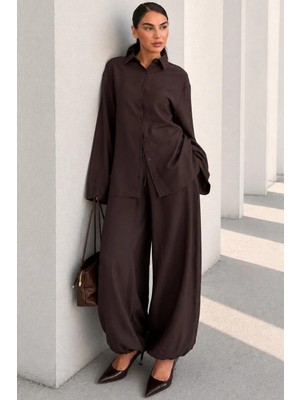 Madmext Kahverengi Oversize Gömlek Balon Pantolon Kadın Takım MG2779