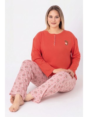 Farya Home Büyük Beden Pamuklu Düğmeli Yaka Uzun Kollu Penye Pijama Takımı