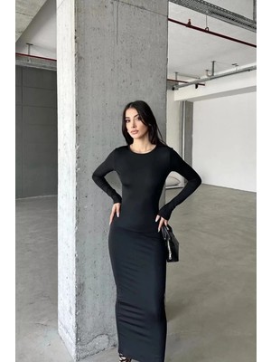 Gugus Uzun Kollu Bisiklet Yaka Dar Kesim Dalgıç Maxi Elbise