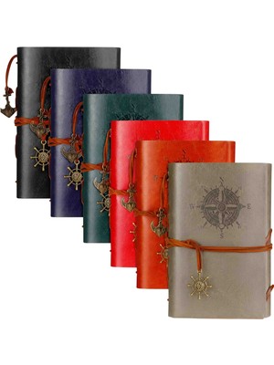 Wolawood Royal Luxury Collection 6'lı Vintage Deri Defter Seti Çapalı, Pusula, Denizci Temalı Çizgisiz, Spiralli, Retro/journal Günlük, Anı, Hatıra, Ajanda Hediyelik Set 6~adet