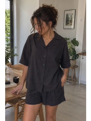 Madmext Siyah Kısa Kollu Modal Gömlek Şort Takım MG2739