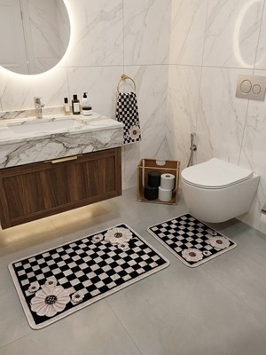 Brillant Damalı Çiçek Desenli Lateks Taban 2'li Banyo Paspası  (60X100-60X50)