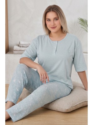 Farya Home Büyük Beden Pamuklu Düğmeli Yaka Kısa Kollu Penye Pijama Takımı