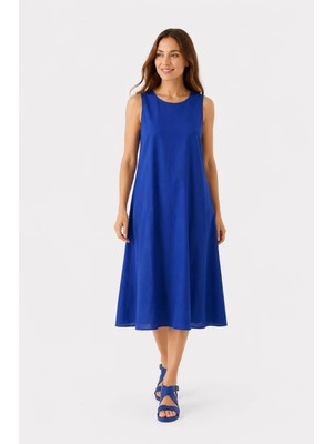 Sibel Günay Butik Saks Mavisi Tencel Basic Elbise 115 cm