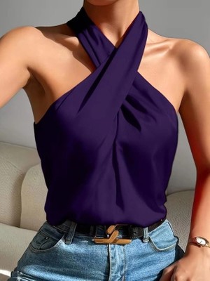 Defy Moda Kadın Omuzlarda Açık Boyundan Çapraz Geçme Detaylı Sandy Bluz