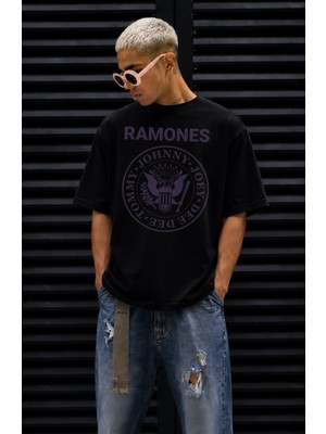 Fuddy Moda Unisex Ramones Members Name Baskılı Tişört, Oversize Rock Band Temalı Bisiklet Yaka Tshirt