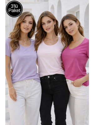 Rich Kadın Fuşya-Pudra-Lila 3'lü Paket %100 Pamuk Kısa Kollu Tişört