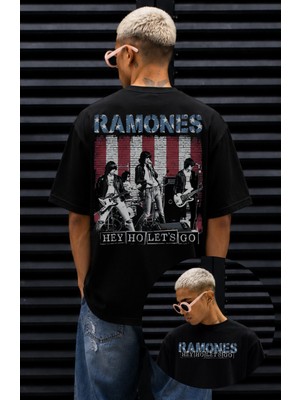 Fuddy Moda Unisex Ramones America Flag Sırt Baskılı Tişört, Oversize Rock Band Temalı Bisiklet Yaka Tshirt