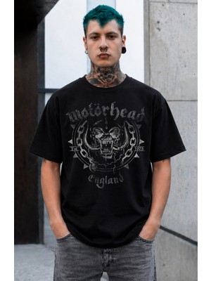 Fuddy Moda Unisex Motörhead England Baskılı Bisiklet Yaka Tişört, Oversize Rock Band Temalı Tshirt