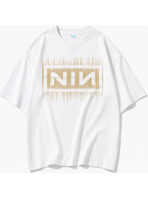 Fuddy Moda Unisex Nine Inch Nails Logo Baskılı Tişört, Oversize Rock Band Nın Temalı Bisiklet Yaka Tshirt