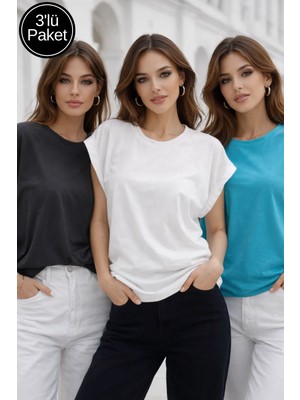 Rich Kadın 3'lü Paket Turkuaz-Antrasit-Beyaz Pamuklu Duble Kol Detaylı Rahat Kalıp T-Shirt