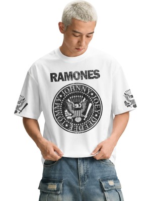 Fuddy Moda Unisex Ramones Logo Kol Baskılı Bisiklet Yaka Tişört, Oversize Rock Band Temalı Tshirt