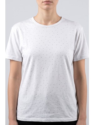 Hadiora Kadın Beyaz Bisiklet Yaka Taşlı Penye T-Shirt