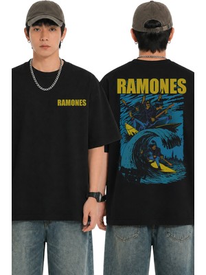 Fuddy Moda Unisex Ramones Rock Away Beach Sırt Baskılı Tişört, Oversize Rock Band Temalı Tshirt