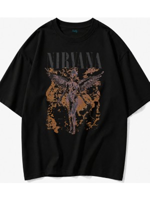 Fuddy Moda Unisex Nirvana Angel Baskılı Bisiklet Yaka Tişört, Oversize Rock Band Temalı Tshirt