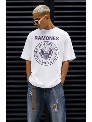 Fuddy Moda Unisex Ramones Members Name Baskılı Tişört, Oversize Rock Band Temalı Bisiklet Yaka Tshirt