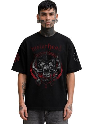 Fuddy Moda Unisex Motörhead Kol Baskılı Tişört, Oversize Rock Band Temalı Bisiklet Yaka Tshirt