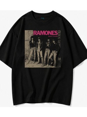 Fuddy Moda Unisex Ramones Rocket To Russia Baskılı Tişört, Oversize Rock Band Temalı Bisiklet Yaka Tshirt