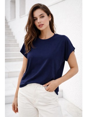 Rich Kadın Lacivert Pamuklu Duble Kol Detaylı Rahat Kalıp T-Shirt