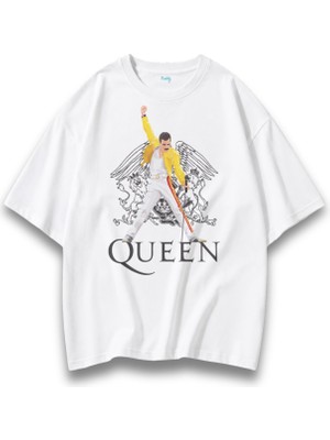 Fuddy Moda Unisex Queen Freddie Mercury Baskılı Bisiklet Yaka Tişört, Oversize Rock Band Temalı Tshirt