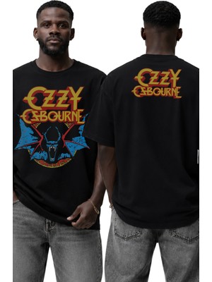 Fuddy Moda Unisex Ozzy Osbourne Bat Ense Baskılı Bisiklet Yaka Tişört, Oversize Rock Band Temalı Tshirt