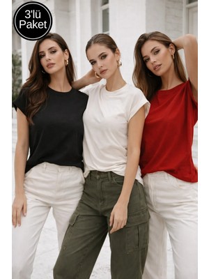 Rich Kadın 3'lü Paket Siyah-Taş Rengi-Kırmızı Pamuklu Duble Kol Detaylı Rahat Kalıp T-Shirt
