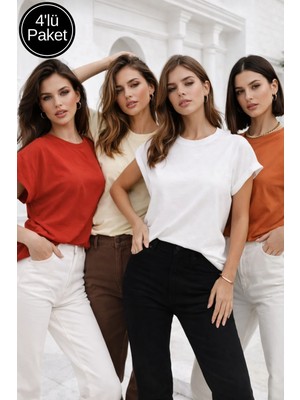 Rich Kadın 4'lü Paket Kırmızı-Krem-Turuncu-Beyaz Pamuklu Duble Kol Detaylı Rahat Kalıp T-Shirt