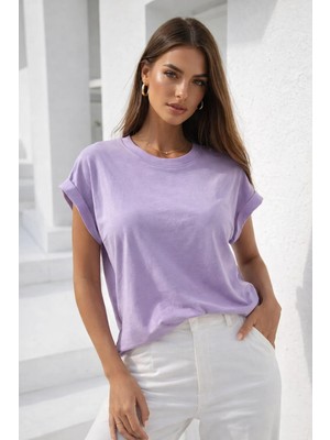 Rich Kadın Lila Pamuklu Duble Kol Detaylı Rahat Kalıp T-Shirt