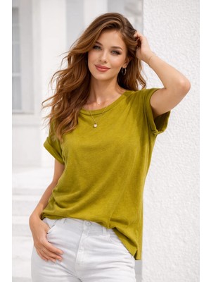 Rich Kadın Hardal Pamuklu Duble Kol Detaylı Rahat Kalıp T-Shirt