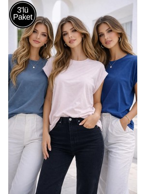 Rich Kadın 3'lü Paket Parlament-Pudra-Füme Pamuklu Duble Kol Detaylı Rahat Kalıp T-Shirt
