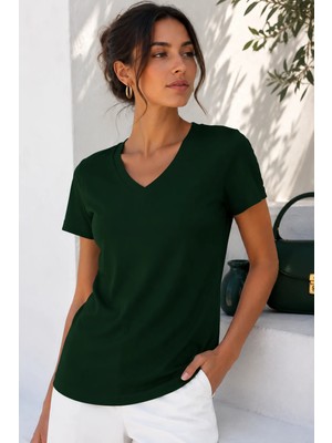 Rich Kadın Koyu Yeşil Yumuşak Dokulu Interlock V Yaka Basic T-Shirt