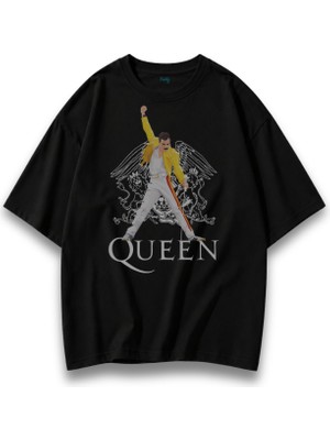Fuddy Moda Unisex Queen Freddie Mercury Baskılı Bisiklet Yaka Tişört, Oversize Rock Band Temalı Tshirt