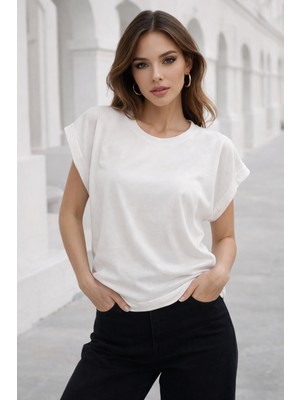 Rich Kadın Beyaz Pamuklu Duble Kol Detaylı Rahat Kalıp T-Shirt