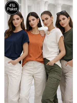 Rich Kadın 4'lü Paket Turuncu-Haki-Taş-Lacivert  Pamuklu Duble Kol Detaylı Rahat Kalıp T-Shirt