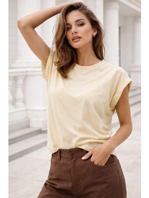 Rich Kadın Bej Pamuklu Duble Kol Detaylı Rahat Kalıp T-Shirt