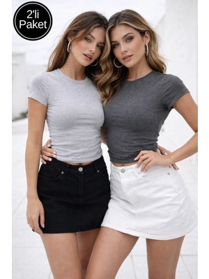 Rich Kadın Antrasit Gri 2'li Paket Slim Fit Pamuk Crop T-Shirt