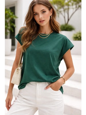 Rich Kadın Koyu Yeşil Pamuklu Duble Kol Detaylı Rahat Kalıp T-Shirt