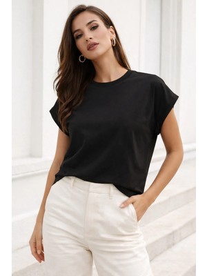 Rich Kadın Siyah Pamuklu Duble Kol Detaylı Rahat Kalıp T-Shirt